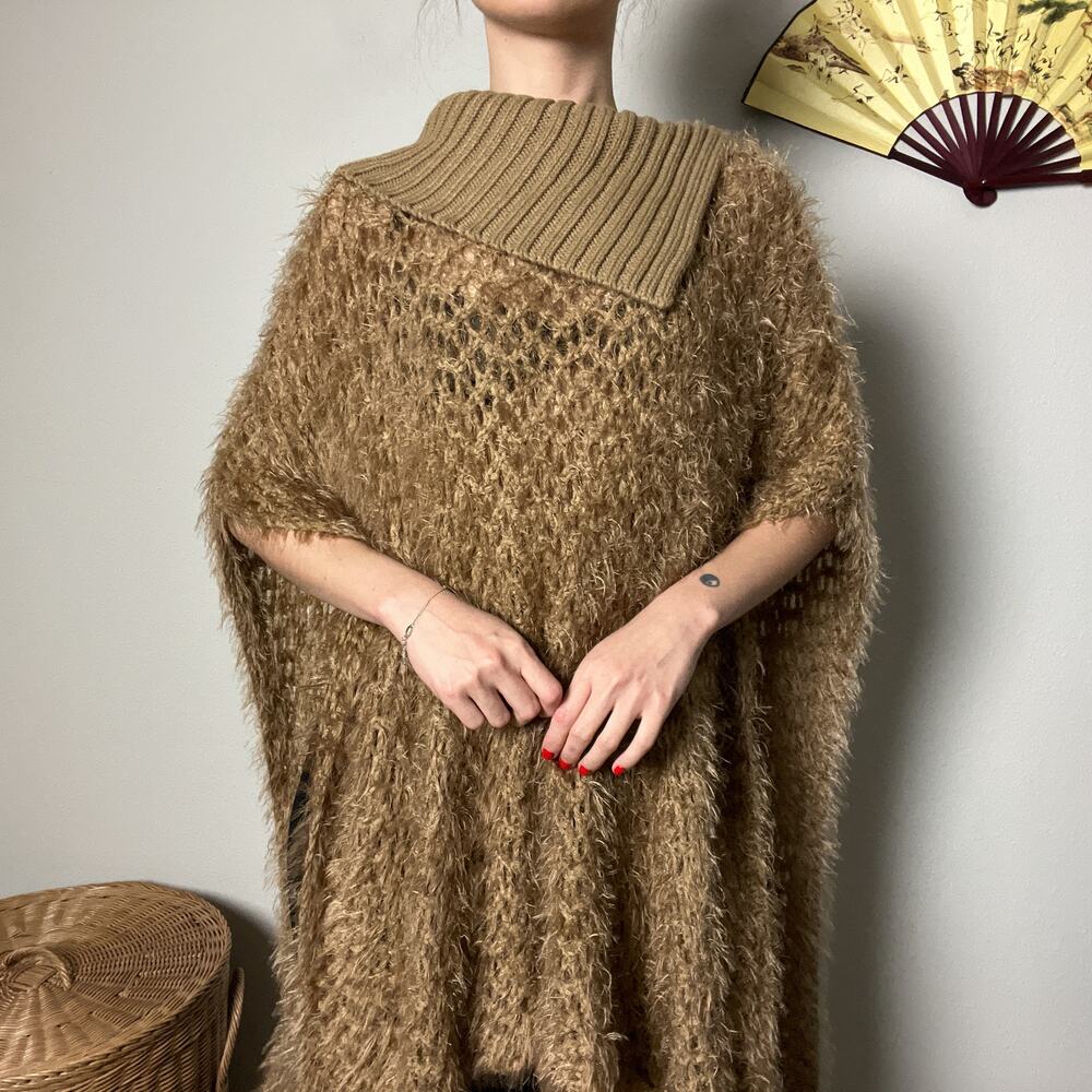 y2k vintage tan brown fuzzy oversized ribbed open knit poncho sweater top